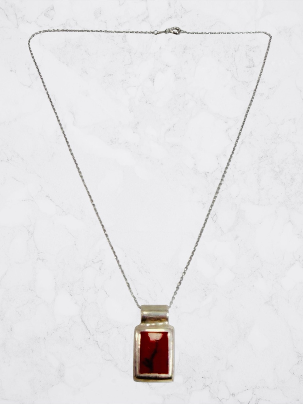 Sterling Silver 925 Mexico Red Jasper Gemstone Pendant Necklace Rectangle 18” - Picture 1 of 11
